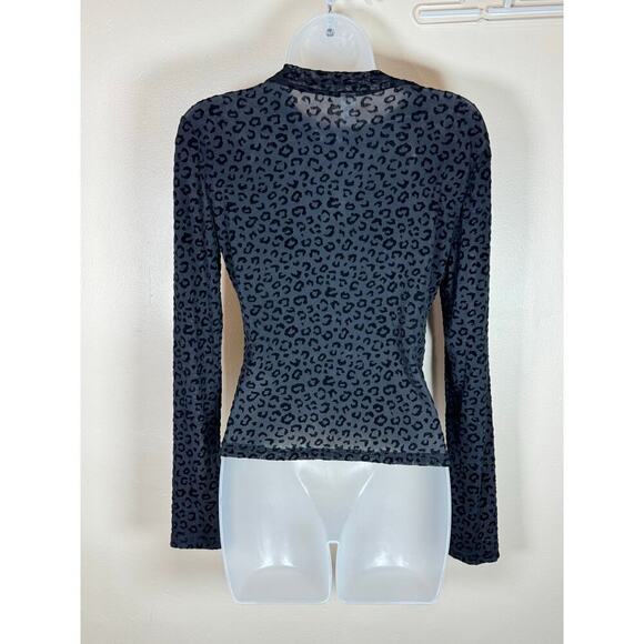 Y2K 90s Sheer Long Sleeve Velvet Burnout Stretch Womens Top Leopard Black medium - Picture 4 of 5
